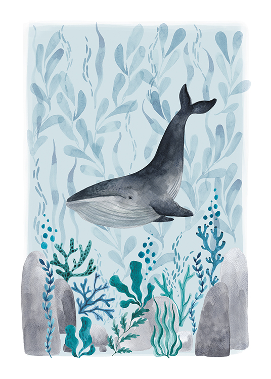  – Ilustração em aguarela de uma baleia a nadar entre as plantas azuis e verdes, num fundo azul