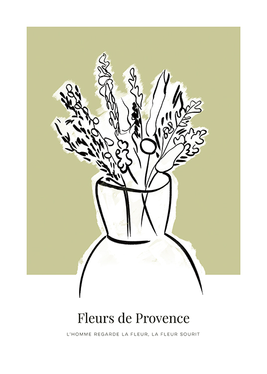  – Ilustração de flores silvestres brancas num vaso com contornos pretos, sobre um fundo verde