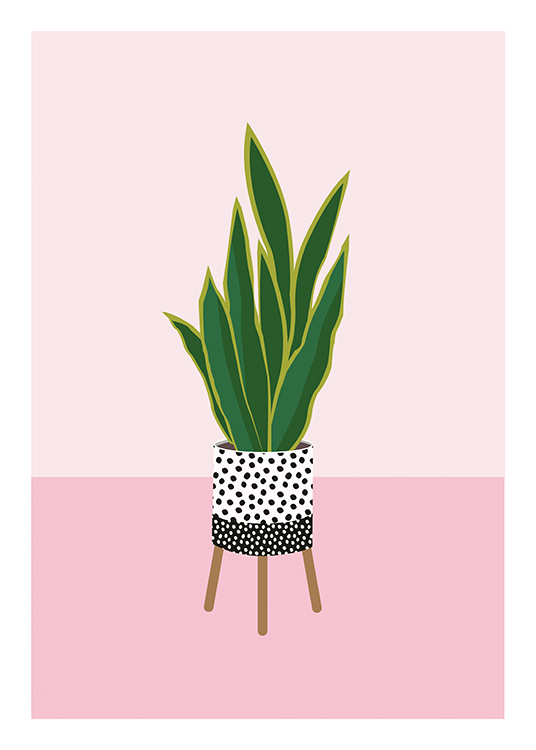  – Ilustração de uma planta contra um fundo rosa, num vaso pontilhado com pernas