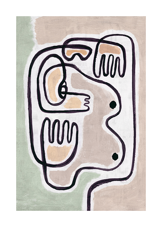  – Pintura com design abstrato com um par de seios e mãos sobre fundo bege e verde