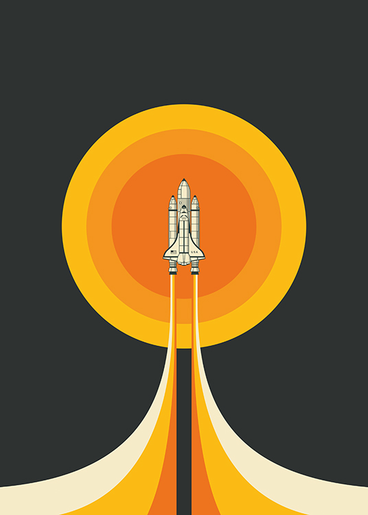  – Ilustração gráfica com um círculo amarelo e laranja atrás de uma nave espacial