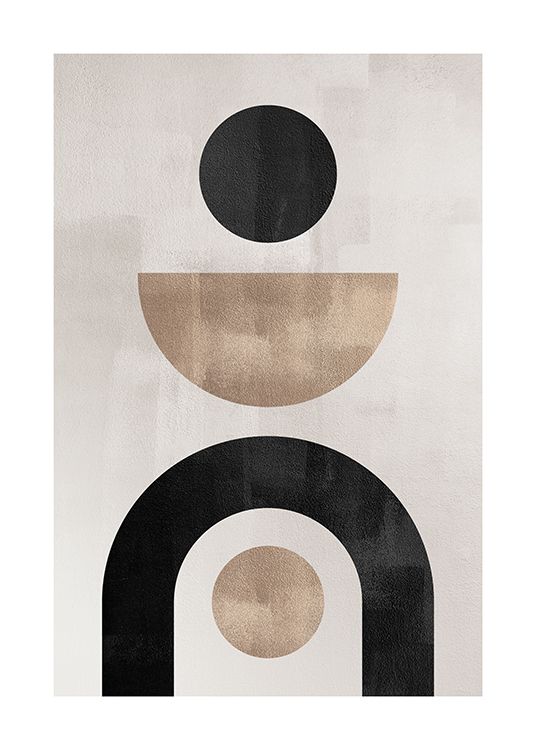  – Ilustração gráfica com formas geométricas em bege e preto sobre um fundo cinza-bege