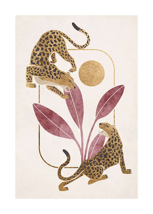 – Uma ilustração de dois leopardos num fundo com tema de savana