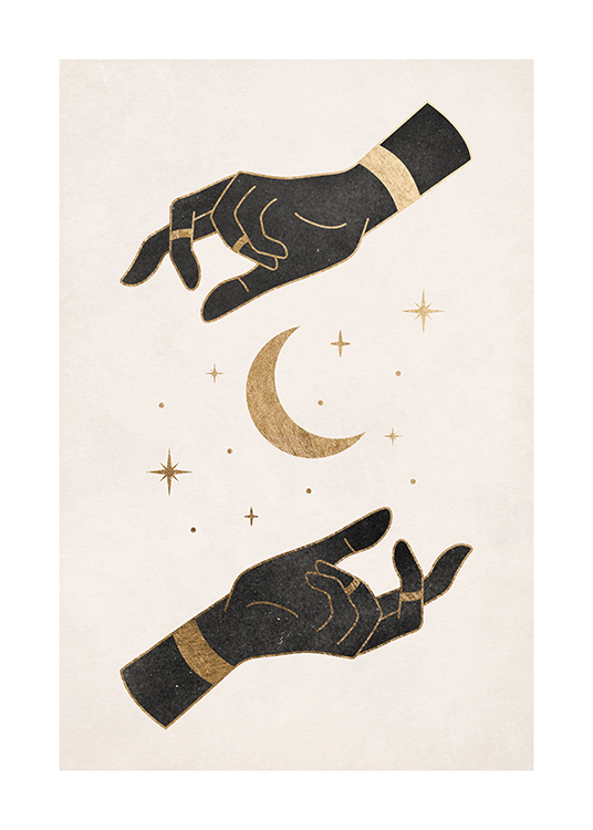  – Um poster de uma lua crescente no centro de duas mãos