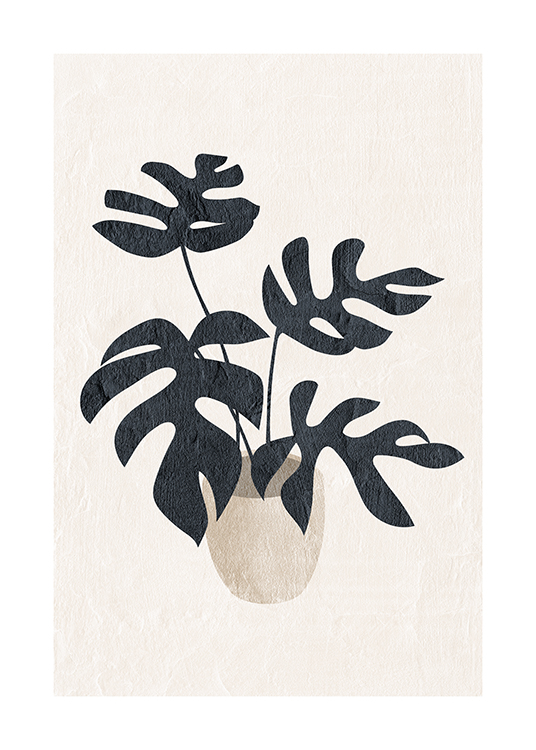  – Ilustração de uma Monstera Philodendron / Monstera Tetrasperma em cinza escuro contra um fundo bege claro