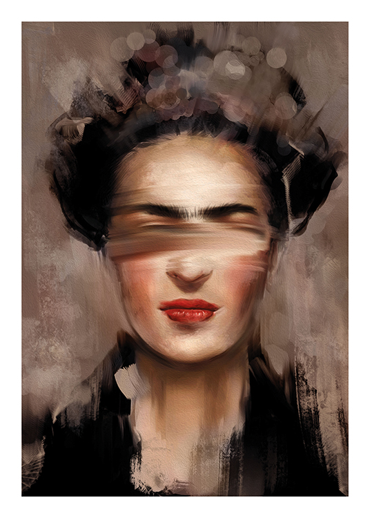  – Pintura com um retrato abstrato de Frida Kahlo com lábios vermelhos contra um fundo bege e castanho