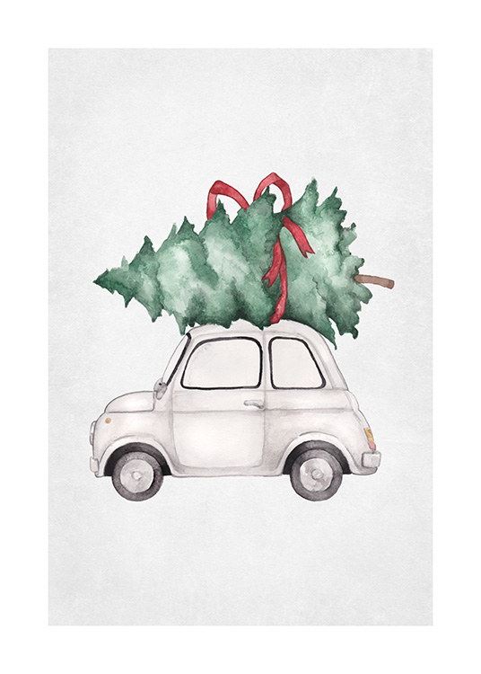  – Ilustração de um pequeno carro com uma árvore de Natal verde no teto, embrulhada com um laço vermelho