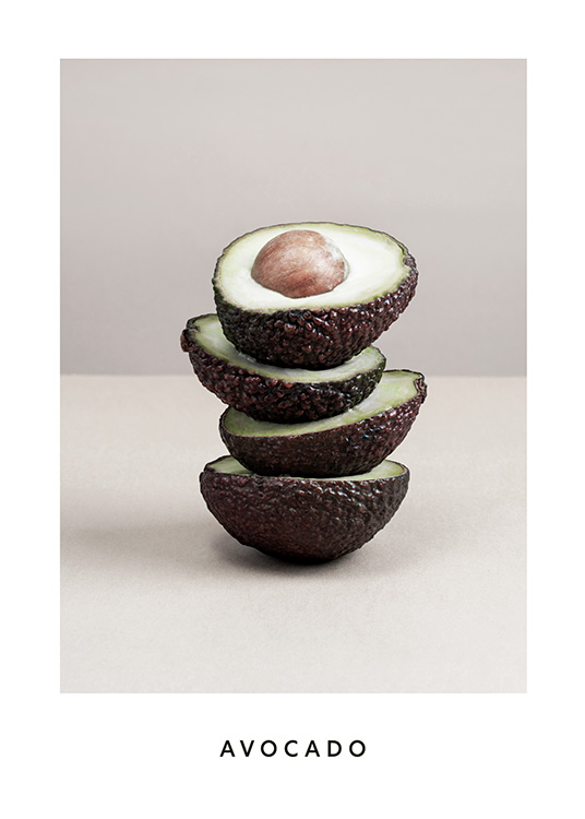  – Fotografia de metades de abacate a equilibrarem-se umas em cima das outras contra um fundo cinza