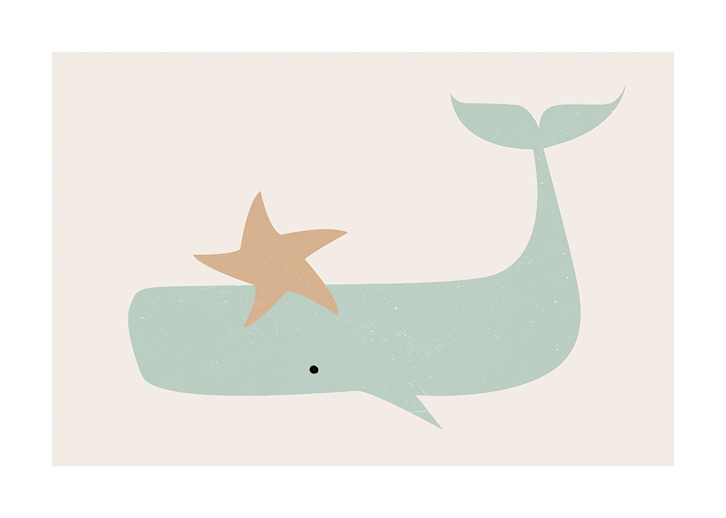  – Ilustração gráfica de uma estrela bege e uma baleia verde num fundo bege claro