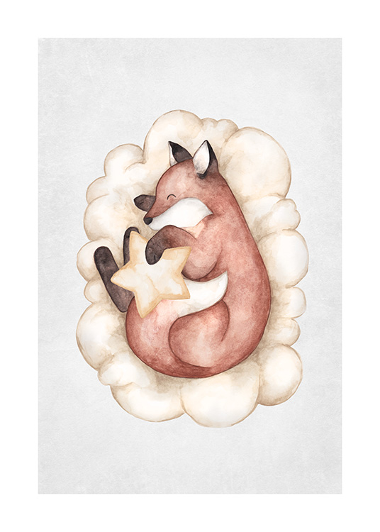  – Poster em aguarela de uma raposa adormecida em castanho