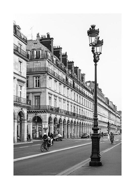 – Poster em preto e branco de uma lanterna e de um prédio