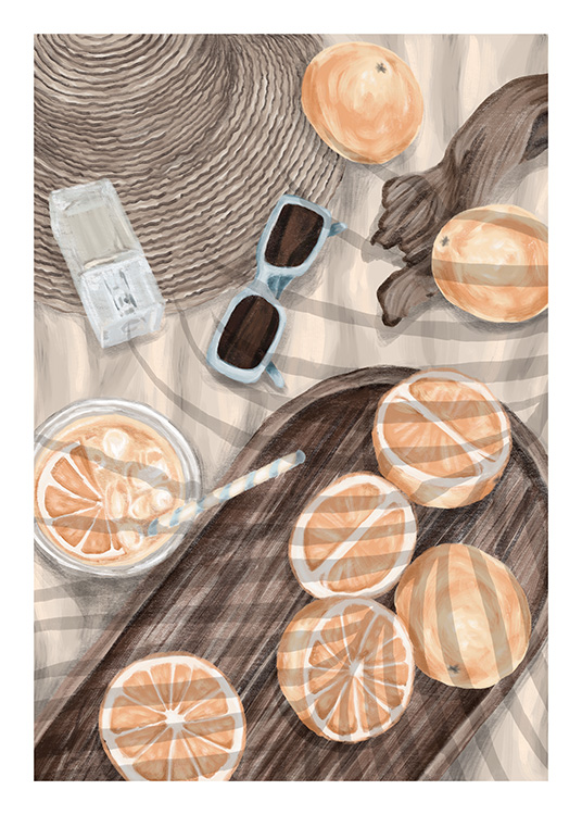 – Poster de um piquenique com laranjas e acessórios