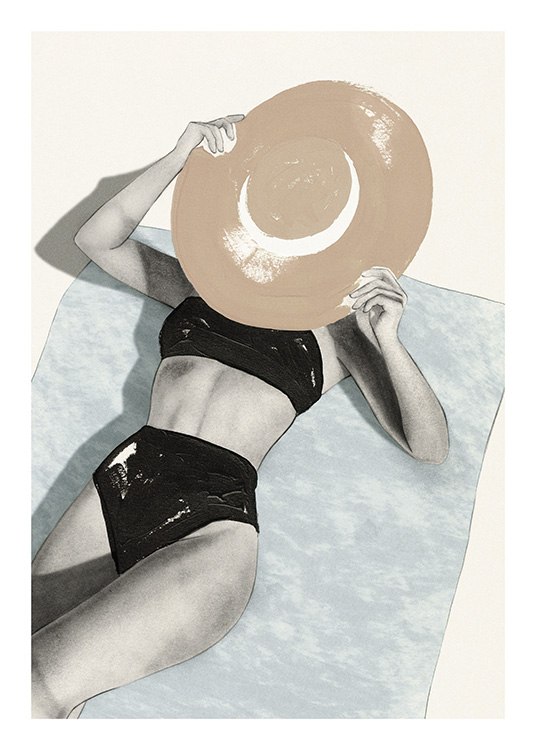 – Poster de uma mulher a tomar banho de sol com um chapéu de sol