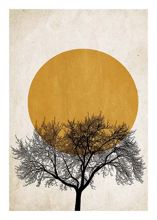  – Poster de arte gráfica de um sol em amarelo torreado por trás de uma árvore preta sob um fundo bege