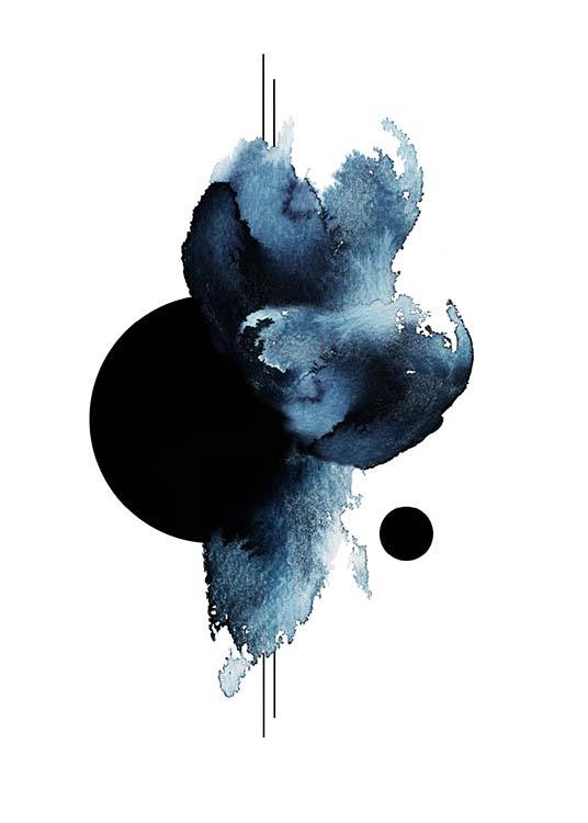  – Pintura em aguarela com formas abstratas em preto e azul sob um fundo branco