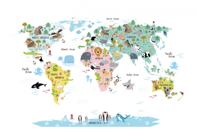 World Map Animals Poster