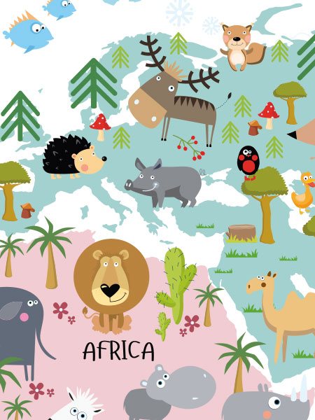  – Ilustração do mapa mundo em cores pastel com animais nos continentes