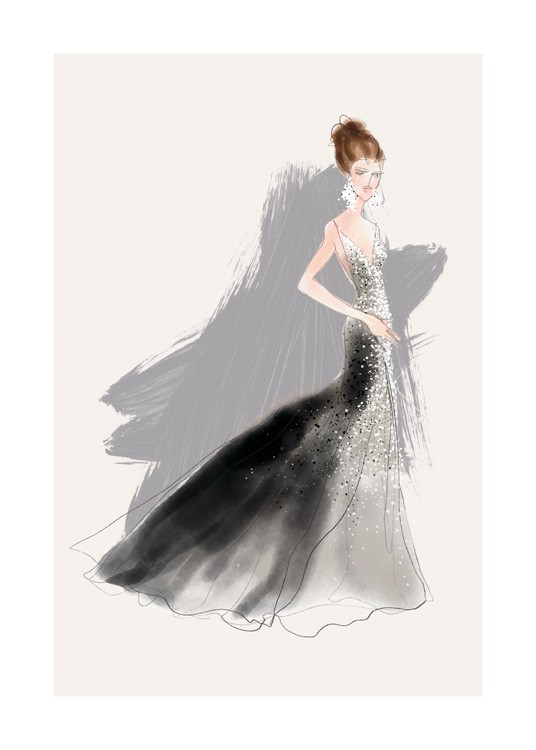  – Ilustração de uma mulher com um vestido de lantejolas em tons preto e cinza, a usar uns brincos em diamante, com uma marca de pincel em cinza por trás, sob um fundo bege