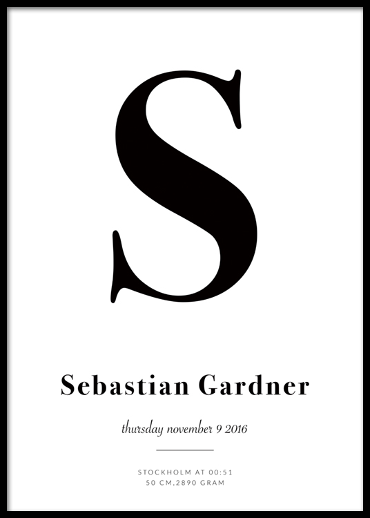  – Poster de texto personalizado a preto e branco com a letra inicial, nome e detalhes de nascimento sob um fundo branco