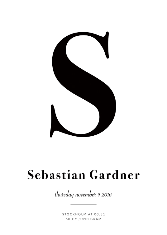  – Poster de texto personalizado a preto e branco com a letra inicial, nome e detalhes de nascimento sob um fundo branco