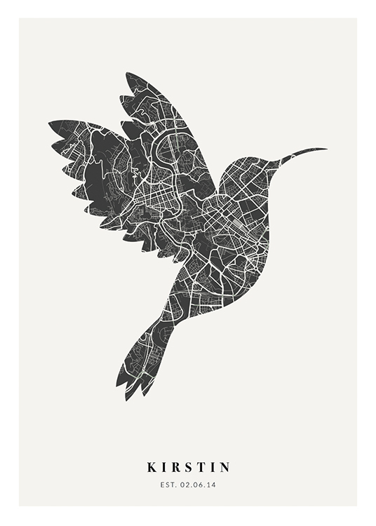  – Mapa da cidade em preto e branco em forma de pássaro com texto na parte inferior