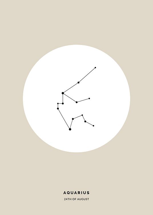  – Ilustração do signo do zodíaco Aquário em preto num círculo branco sobre um fundo bege