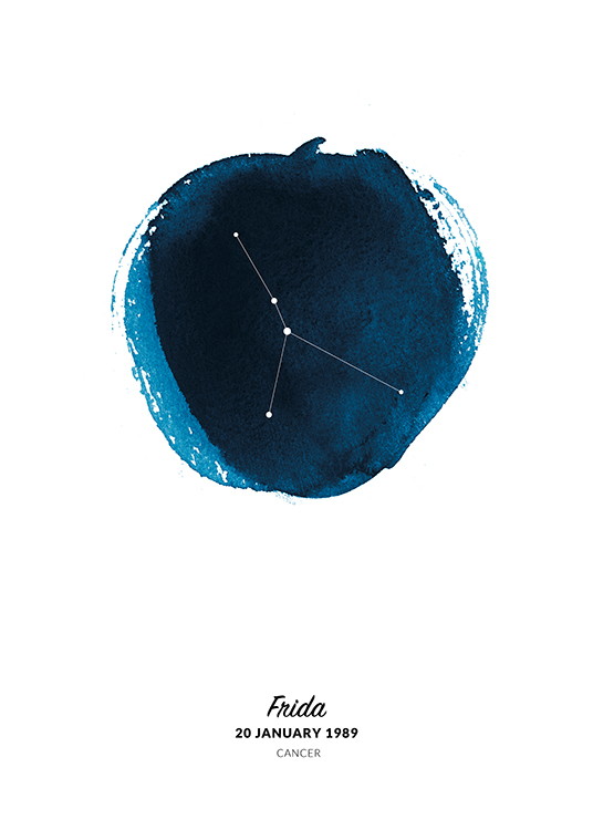  – Ilustração do signo Caranguejo num círculo pintado em aguarela azul