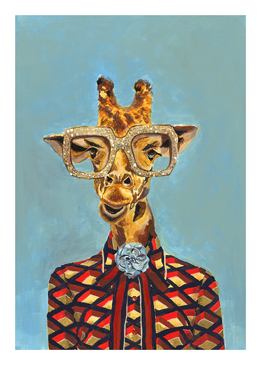 – Arte de uma girafa de blusa e óculos sobre fundo azul